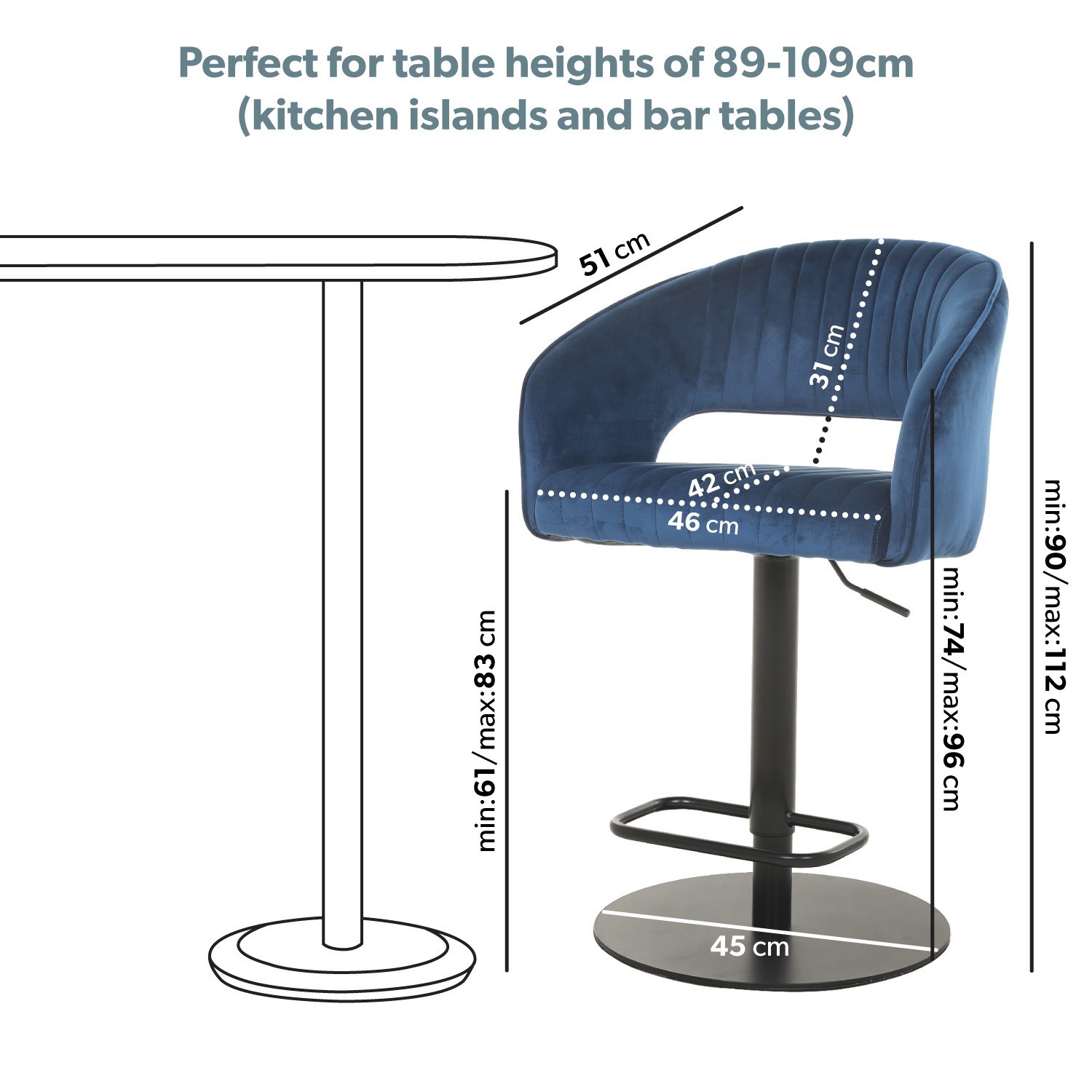 Read more about Navy blue velvet adjustable swivel bar stool with back runa